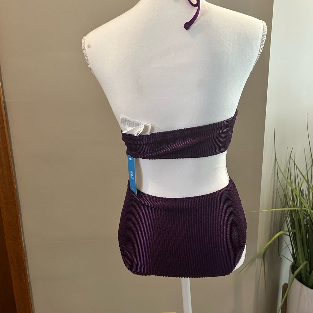 Shiny Purple Ribbed Halter Bikini Top and High Rise bottom M NWT - Picture 2 of 8